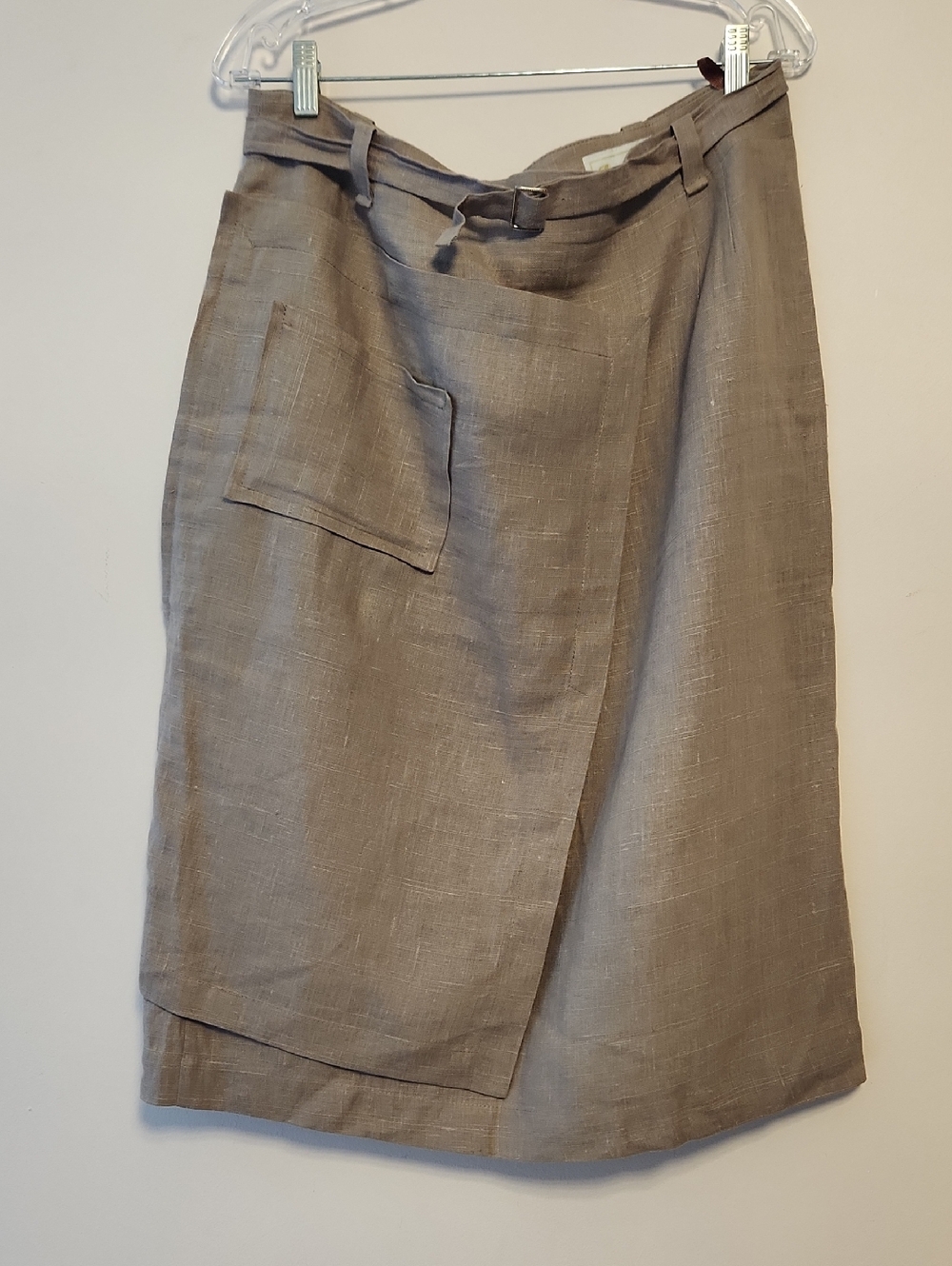 Women's Taupe Linen Faux Wrap Pencil Midi Skirt Size 18